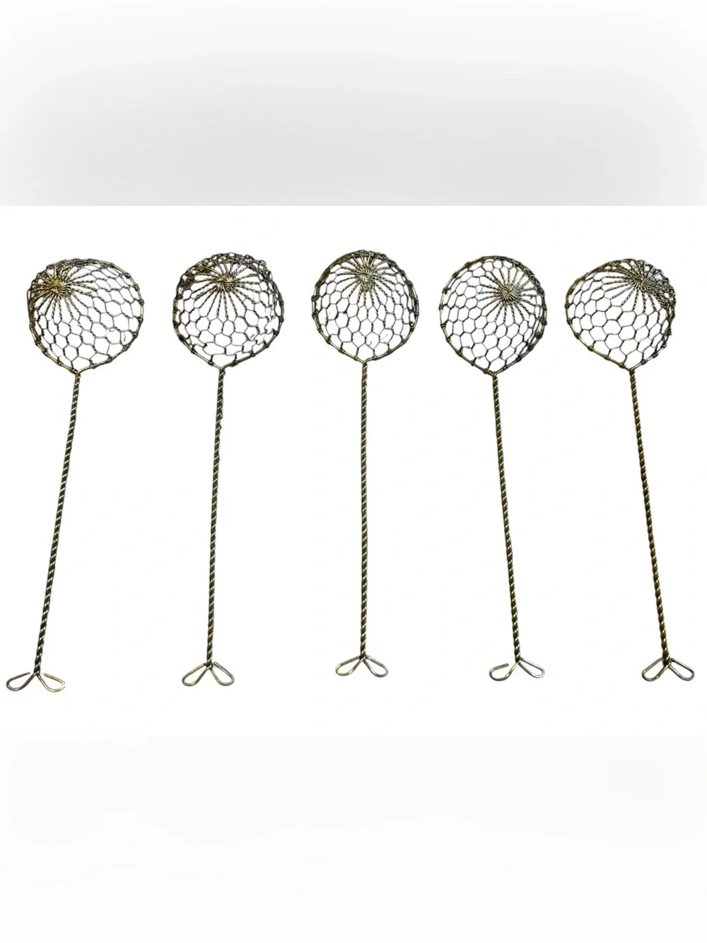 Antique Brass Wire Mesh Skimmers Set of 5 Egg Dippers Primitive Farmhouse